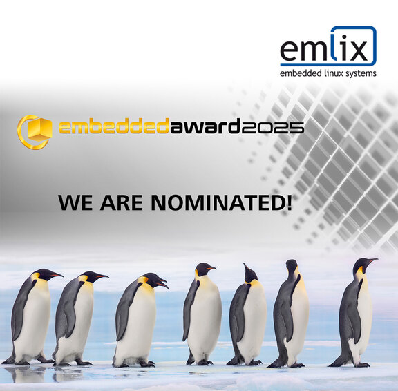 we are nominated for the embedded award, pengiuns walking, emlix logo, embeddedaward2025 logo